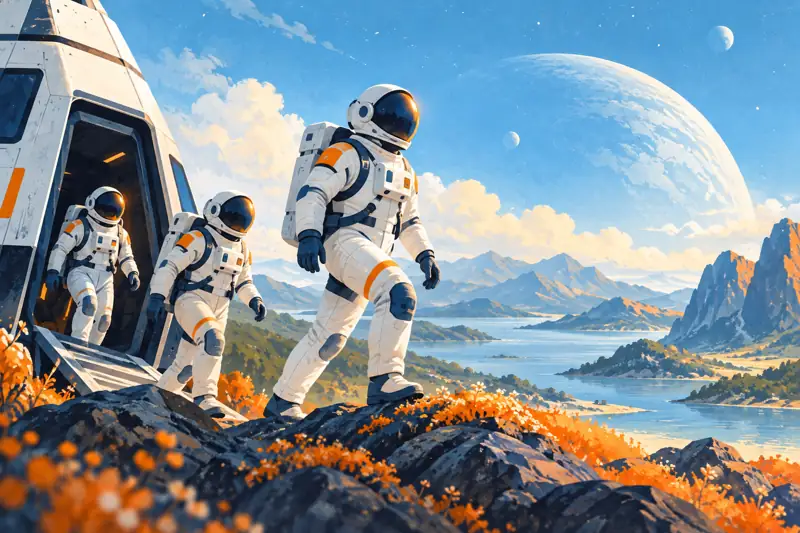 Astronautas explorando juntos un nuevo planeta, símbolo de adaptación y cambio.