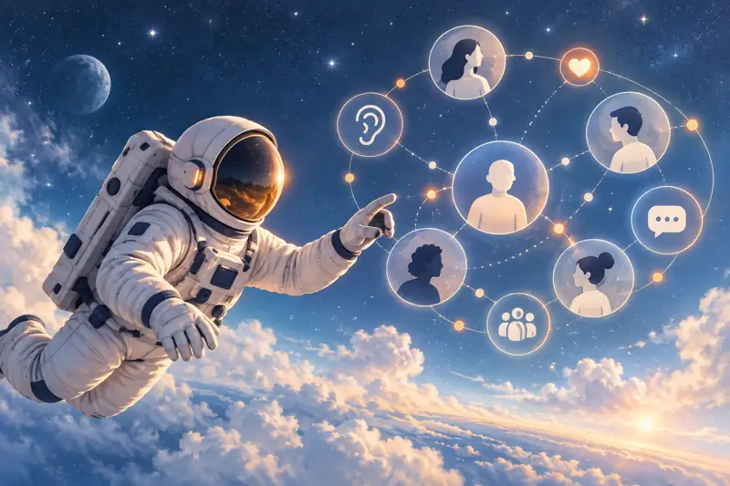 Astronauta observando personas y elementos de interfaz para diseñar a partir de sus necesidades.