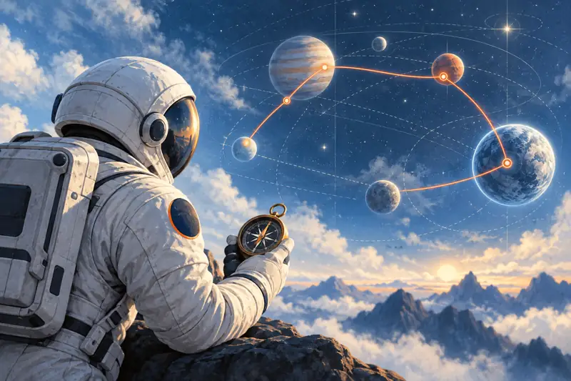 Astronauta trazando una ruta entre estrellas sobre un mapa celeste.