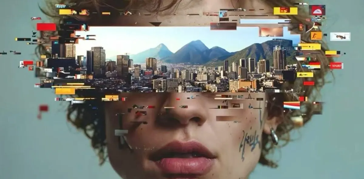 Rostro con efecto de glitch sobre una franja del horizonte de una ciudad