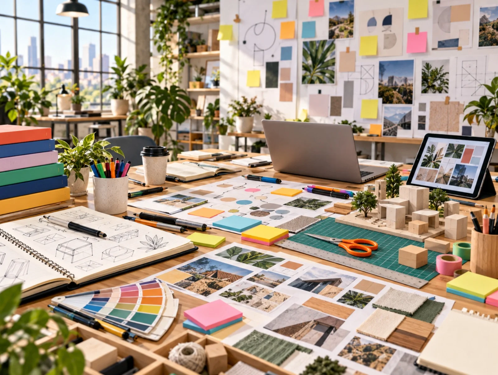 Mesa de trabajo y cocreación de proyectos de diseño con bocetos, paleta de colores, maquetas y laptop